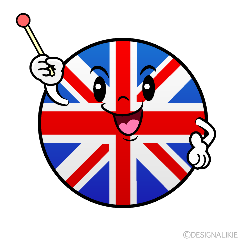 かわいい説明するイギリス国旗（丸型）イラスト