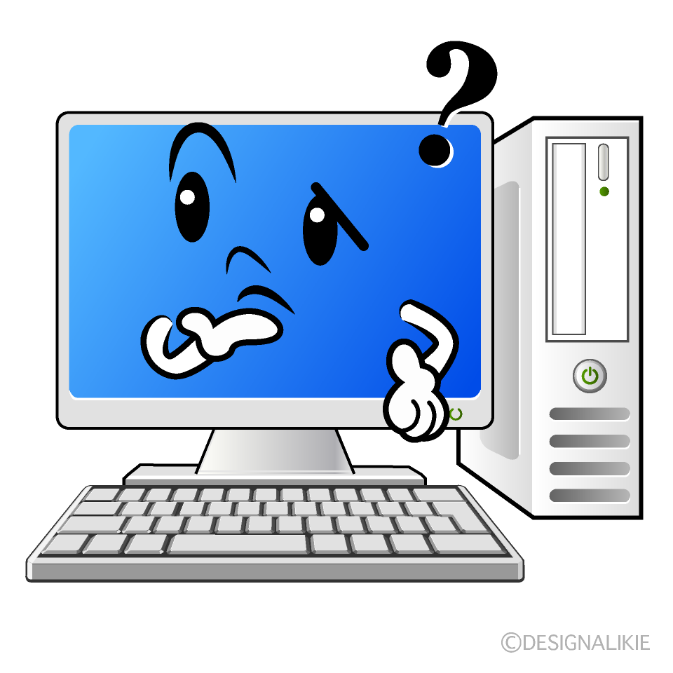 かわいい考えるデスクトップパソコンイラスト