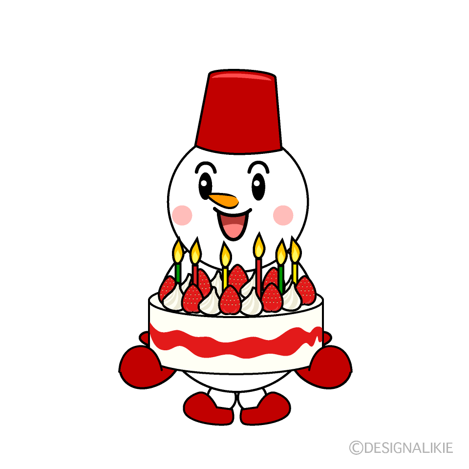 かわいい誕生日ケーキを持った雪だるまイラスト