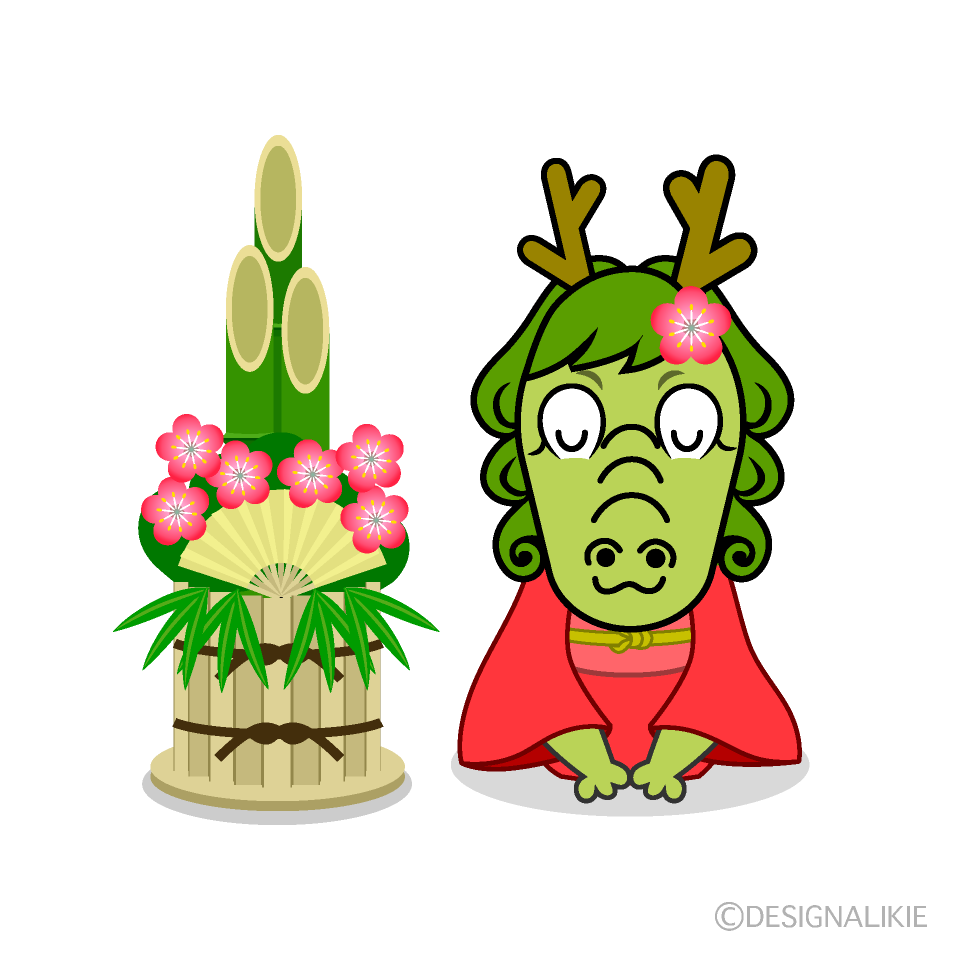 かわいい門松と着物で新年挨拶する龍イラスト