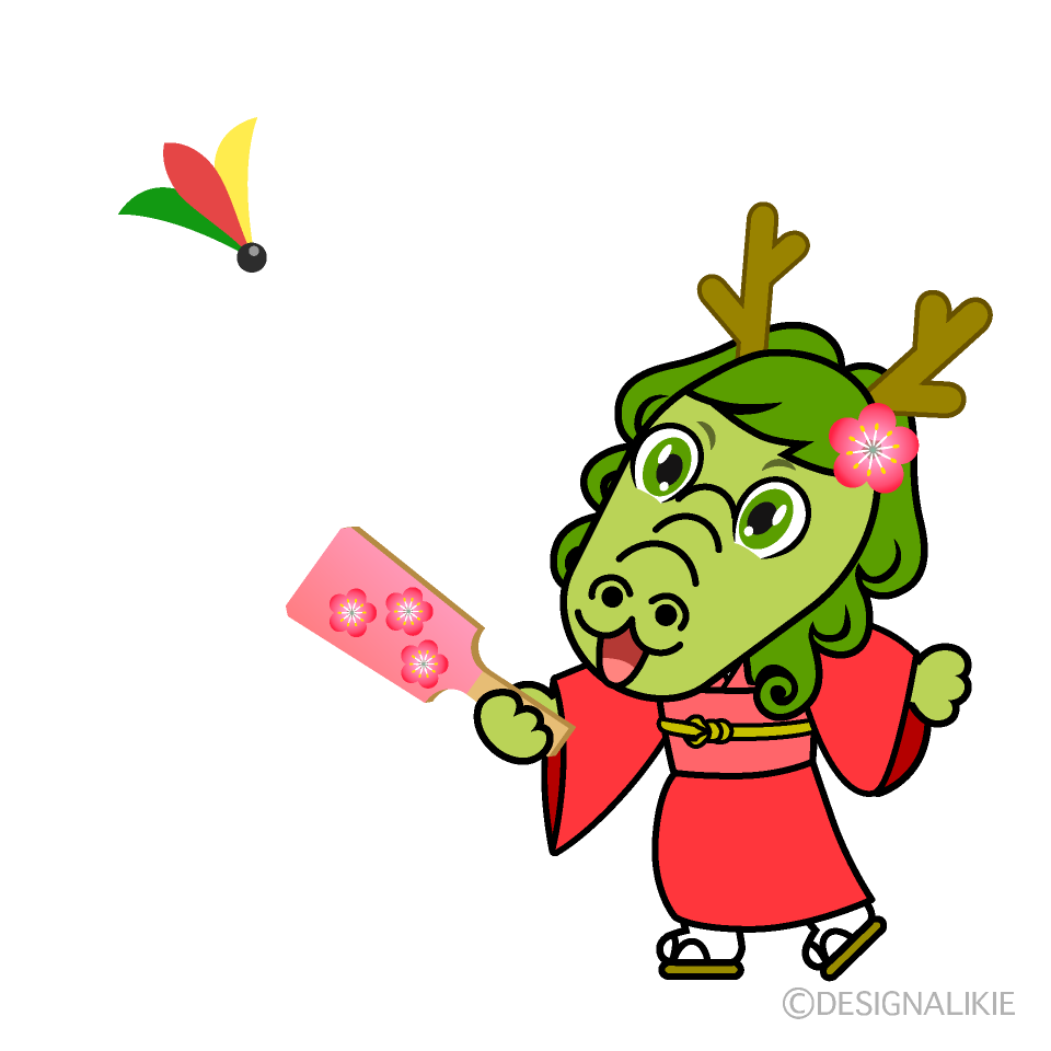 かわいい着物で羽根付きする龍イラスト