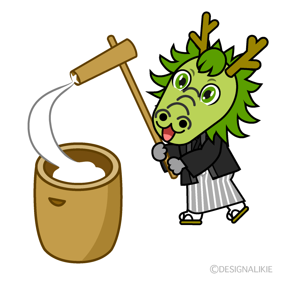 かわいい着物で餅つきする龍イラスト