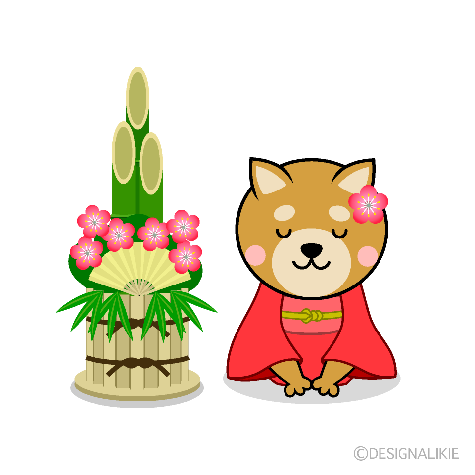 かわいい門松と着物で新年挨拶する犬イラスト