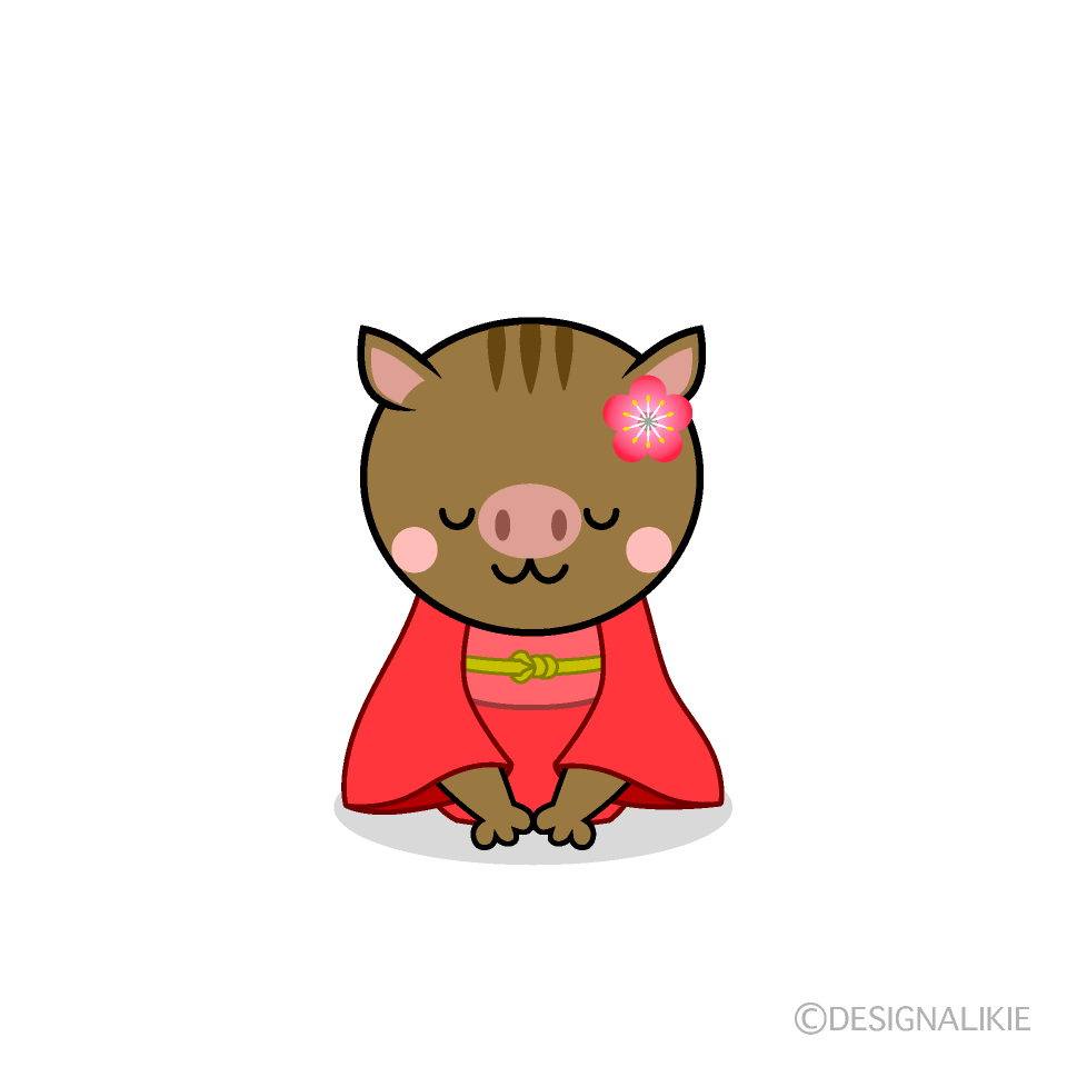 かわいい着物でお辞儀する猪イラスト
