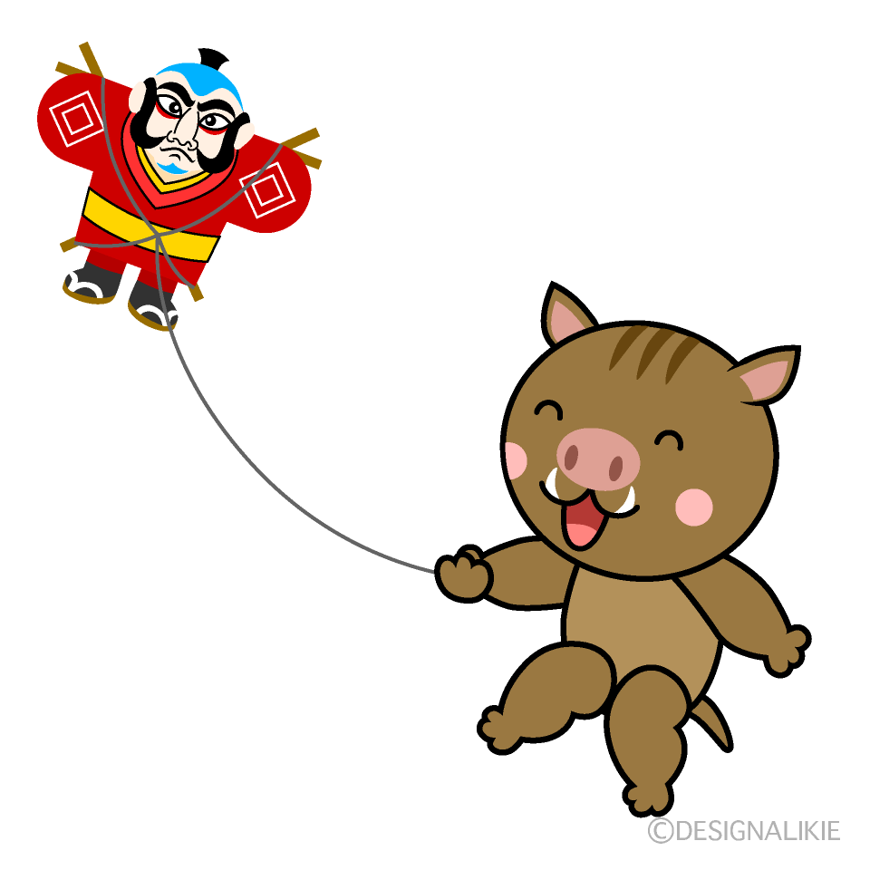 かわいい凧揚げする猪イラスト